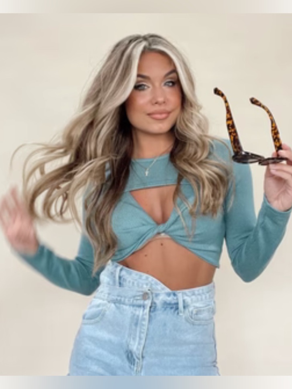 Lane 201 Ribbed Twist-Front Long Sleeve Crop Top in Sage